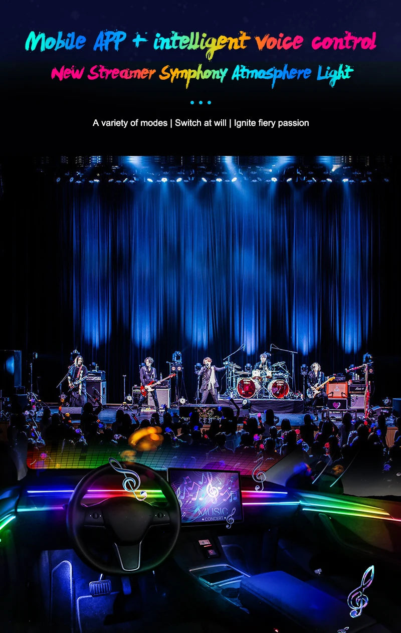 Multicolor LED car interior light strips controlled by app, illuminating a dashboard to synchronize with music.