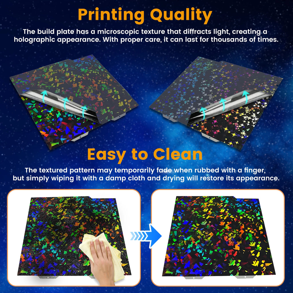 184x184mm textured PEI/PET/H1H build plate for Bambu Lab A1 Mini, offering easy cleaning and holographic 3D printing.