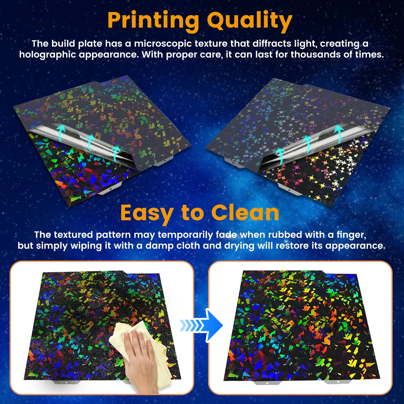 184x184mm textured PEI/PET/H1H build plate for Bambu Lab A1 Mini, offering easy cleaning and holographic 3D printing.