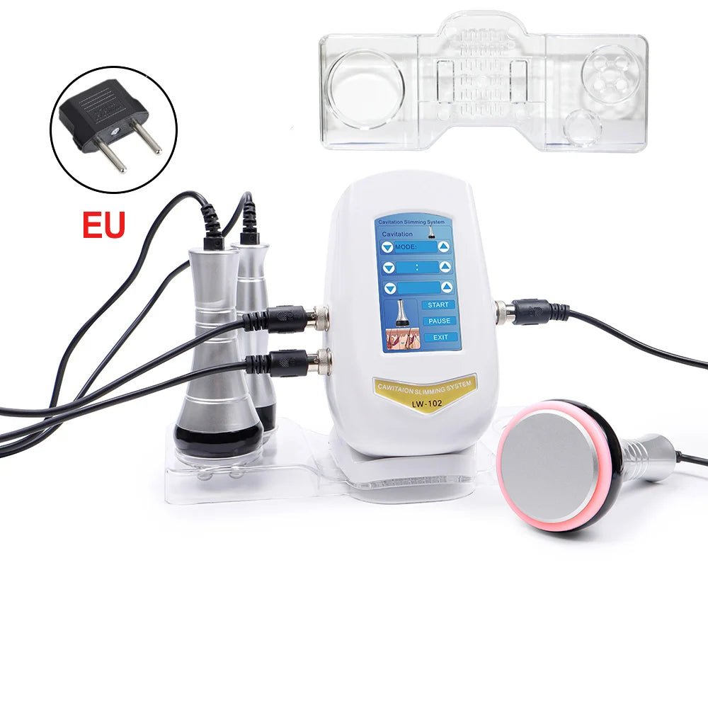 White 3-in-1 40K cavitation machine with digital screen, multiple silver probes, and an EU power adapter.