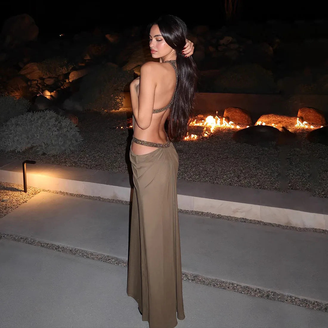 Sexy Women's Maxi Dress Halter Hollow Out Backless Sleeveless Ruched Evening Long Dresses Party Chic Robe Green Purple Summer