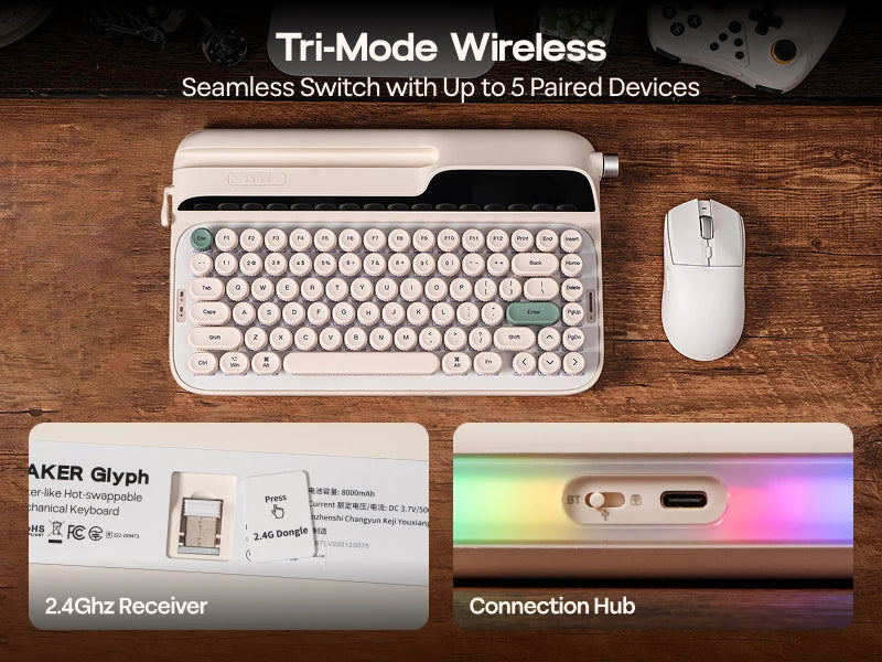 EPOMAKER Glyph 75% ANSI US Layout Wired/2.4Ghz/BT Wireless Typewriter Retro Mechanical Keyboard with TFT Screen & Rotary Knob