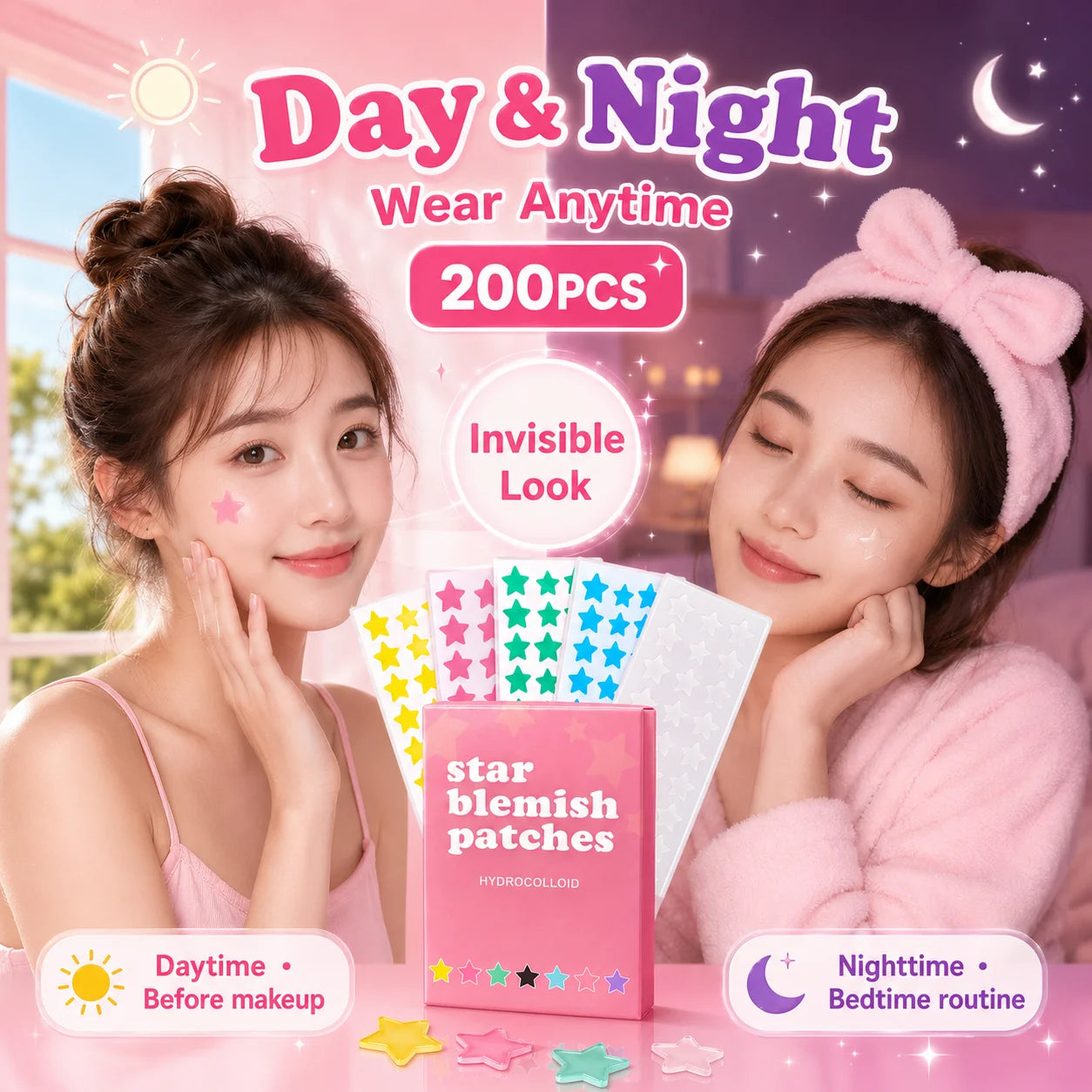 200PCS Five-Point Star Acne Patch Set Multi Color Pimple Cover Stickers for Day Night Face Body Use
