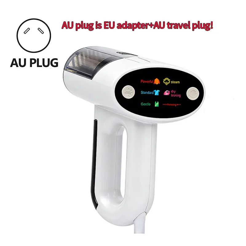 Handheld garment steamer with AU plug, white body and black vented nozzle