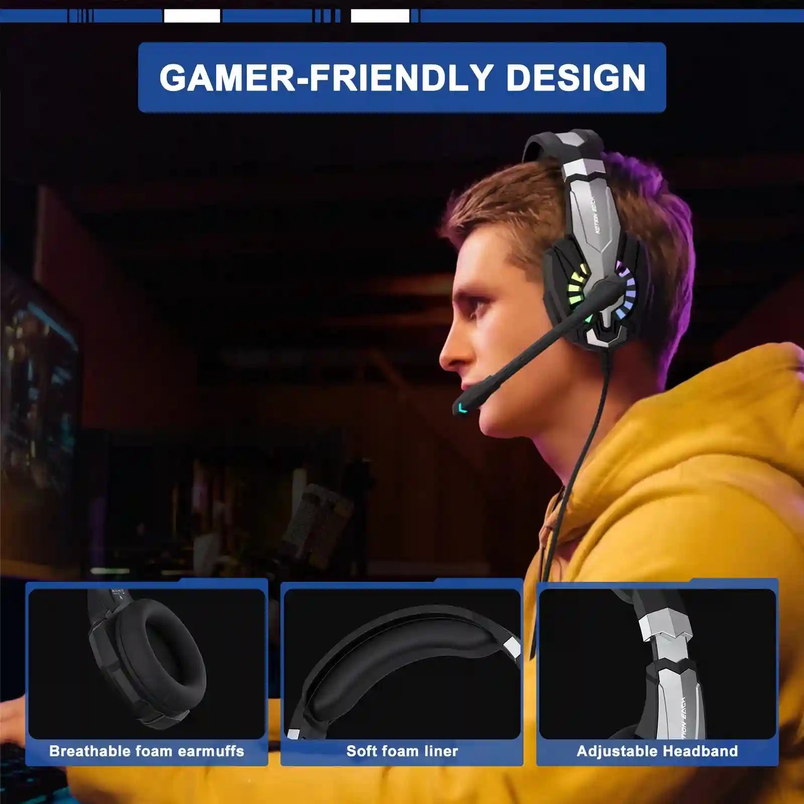Wired Gaming Headphones With Mic - Over-Ear Noise Cancelling Black/White Tidesmit
