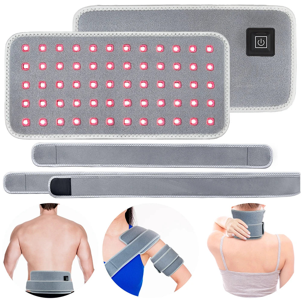 Gray LED red light therapy belt with 660nm/850nm infrared pads for back, joint, and muscle pain relief and recovery.