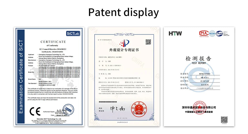 Official certificates and patent documents for the PDT LED light therapy skin care facial mask beauty device.