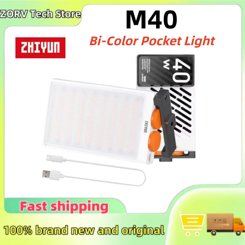 M40 bi-color LED pocket light with a white rectangular panel, two orange control dials, and a USB-C charging cable.