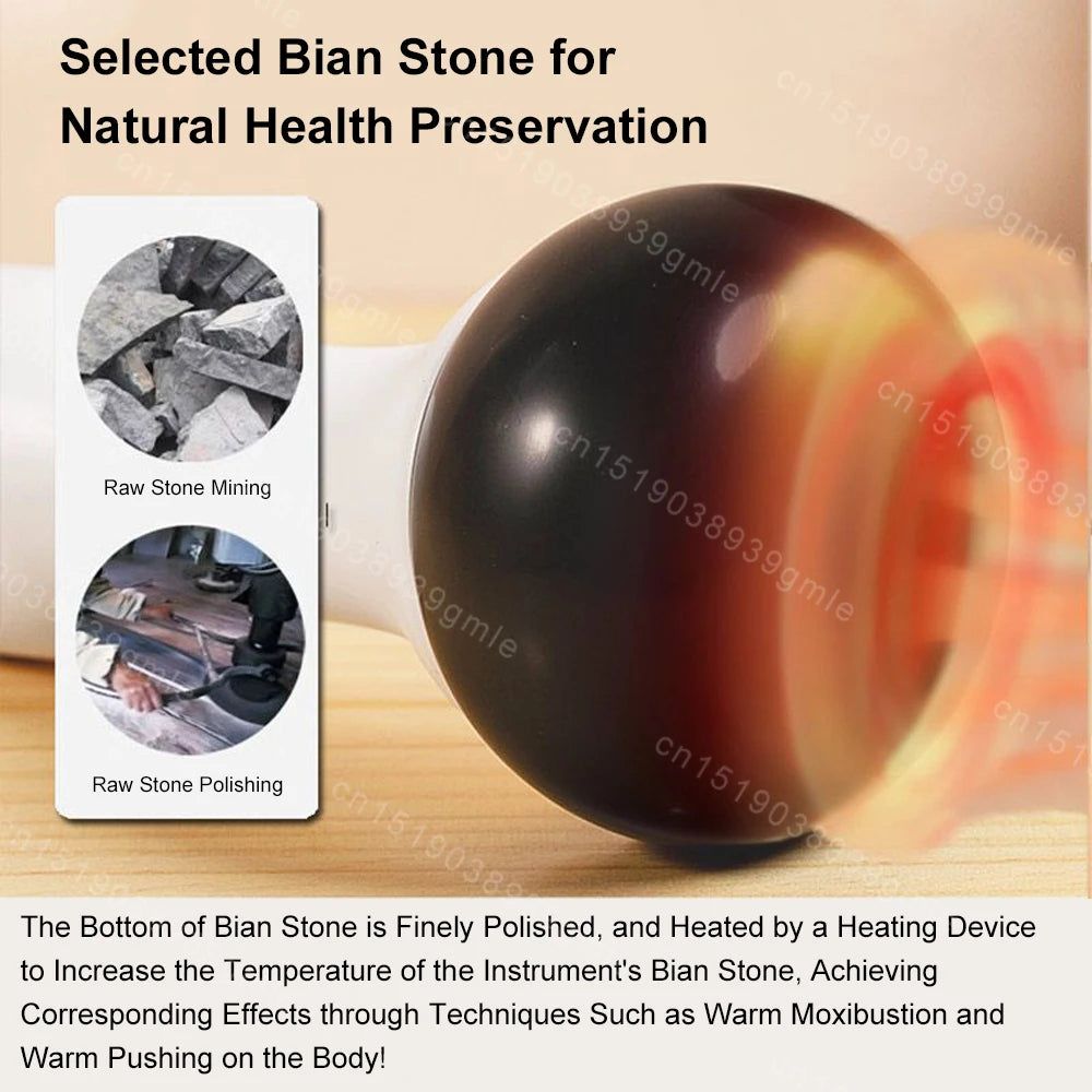 Electric heating Gua Sha tool with a smooth, polished round black Bian stone head and a white handle.