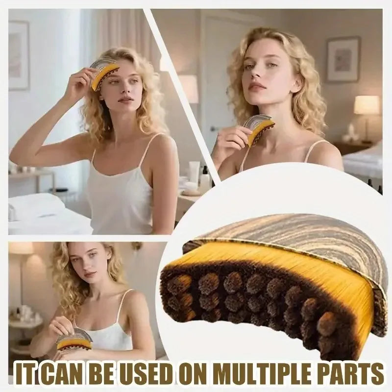 Woman using a curved, yellow-bristled lymphatic contour massage brush on her face, neck, and arm for sculpting.