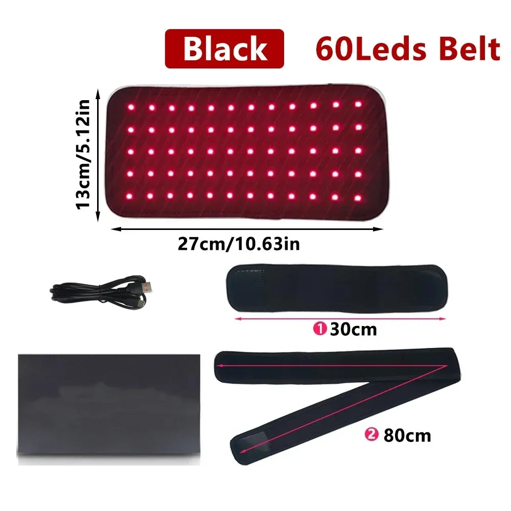 60 LED red light therapy belt with infrared pad for pain relief, showing dimensions, straps, and USB charging cable.
