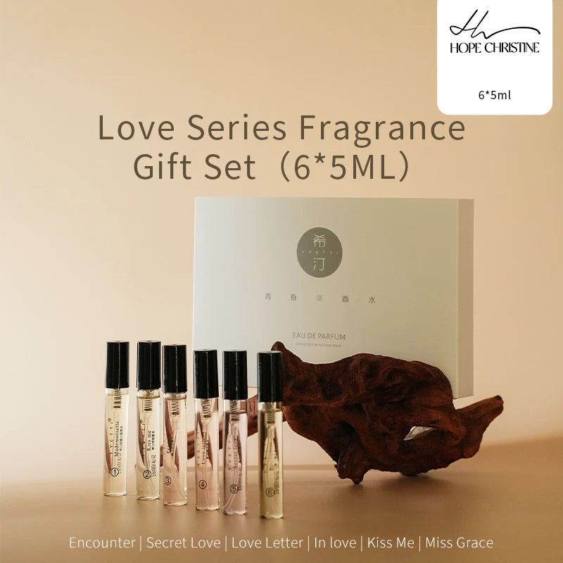 HOPE CHRISTINE Love Series 6pcs EDP sample gift set, slender travel perfume vials for women, elegant floral fragrance.