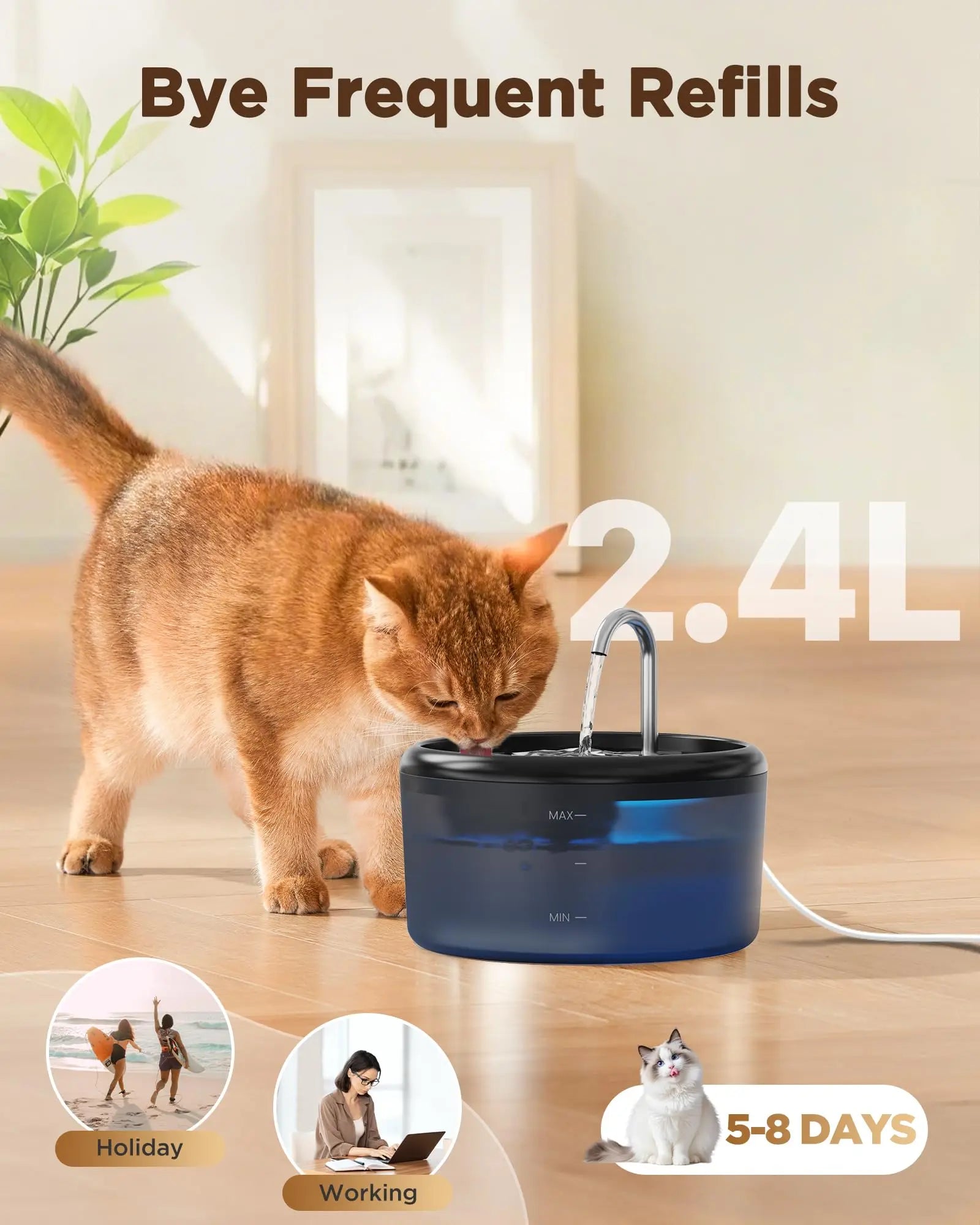 Automatic Water Fountain: 2.4L Pet Water Fountain, Cat Water Fountain for Cats Indoor, Silent Water Bowls for Small Animal