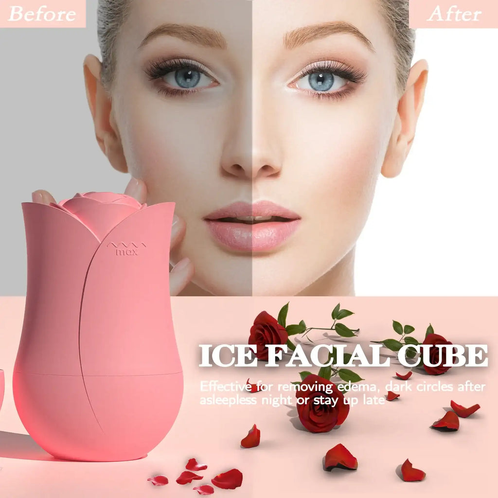 Pink, rose-shaped silicone facial ice roller for cold therapy, shown with a person’s before-and-after facial results.