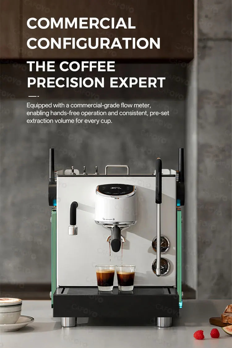 Cafoyo commercial white espresso machine with dual group head, digital display, and flow meter precision brewing.