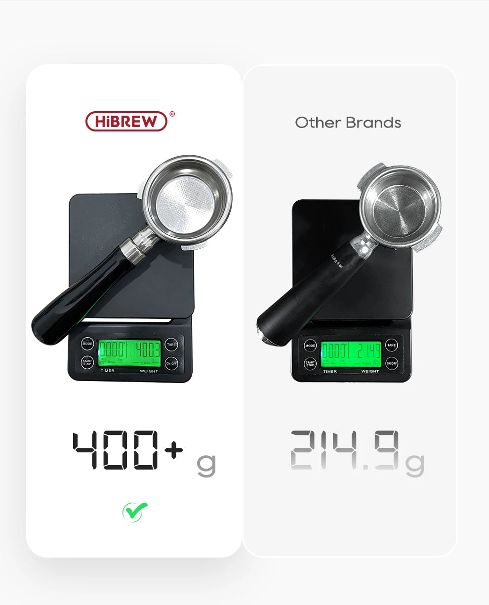 HiBREW stainless steel espresso portafilter compared to lighter generic model on a digital coffee scale.
