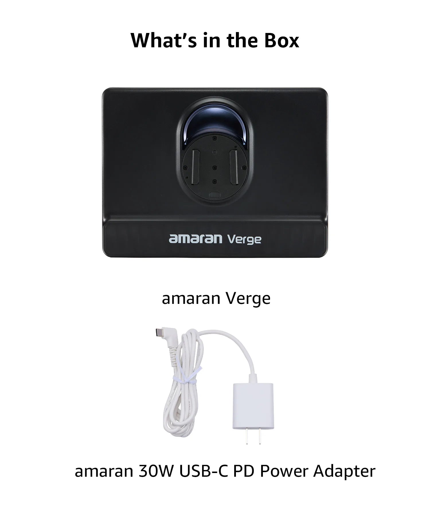 Amaran Verge black charging base and white 30W USB-C power adapter with cable for device power.
