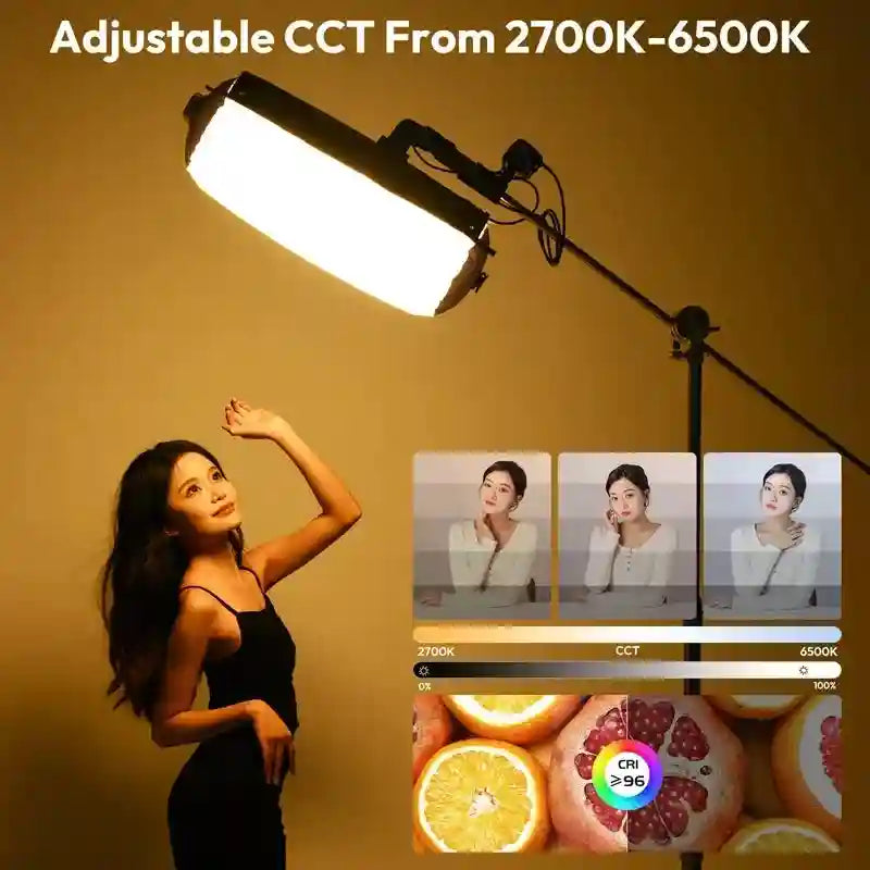 Rectangular LED studio light on a stand with adjustable color temperature from 2700K to 6500K for photography lighting.