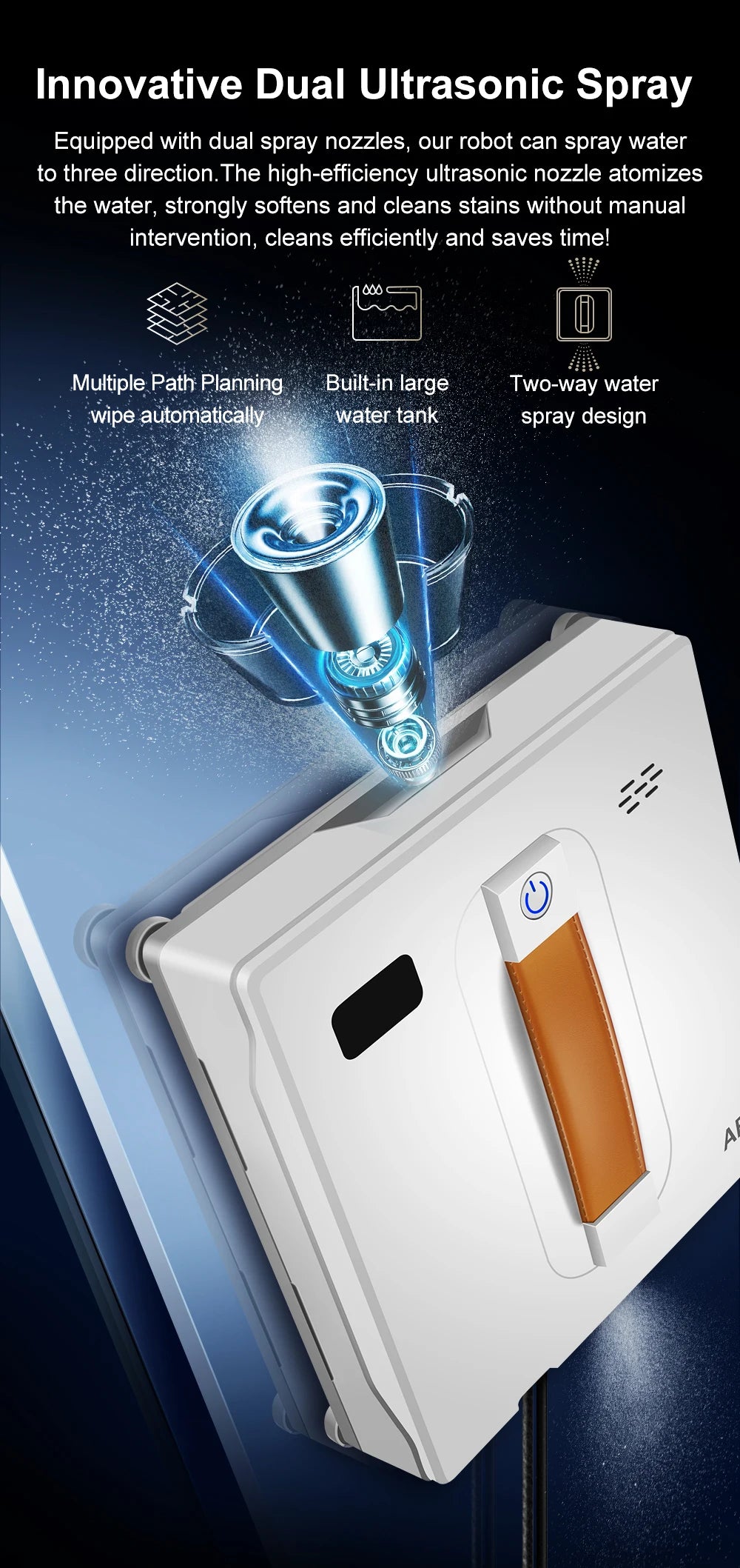 Tidesmit ABIR WD8 window vacuum robot cleaning glass with dual ultrasonic spray and AI path planning technology