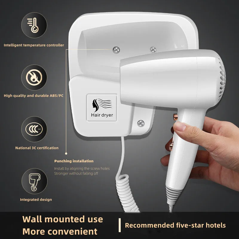 White wall-mounted hair dryer for hotels and homes. Features ABS design, intelligent heat control, and coiled cord.