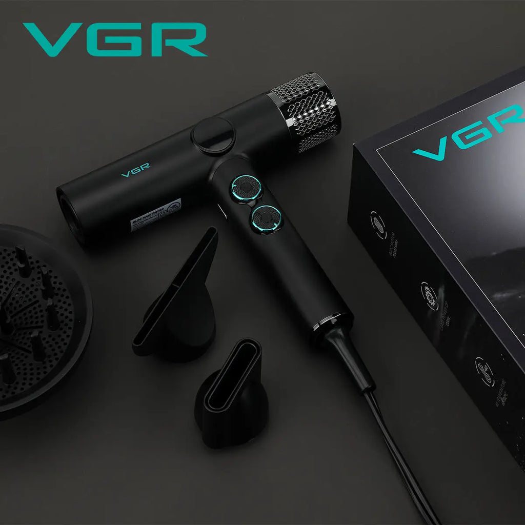 VGR V-401 matte black professional 110,000 RPM brushless hair dryer with styling nozzles and diffuser attachment.
