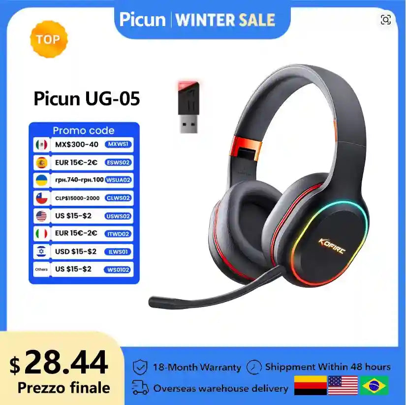 Wireless Gaming Headphones with Low Latency Audio and RGB Lights Tidesmit