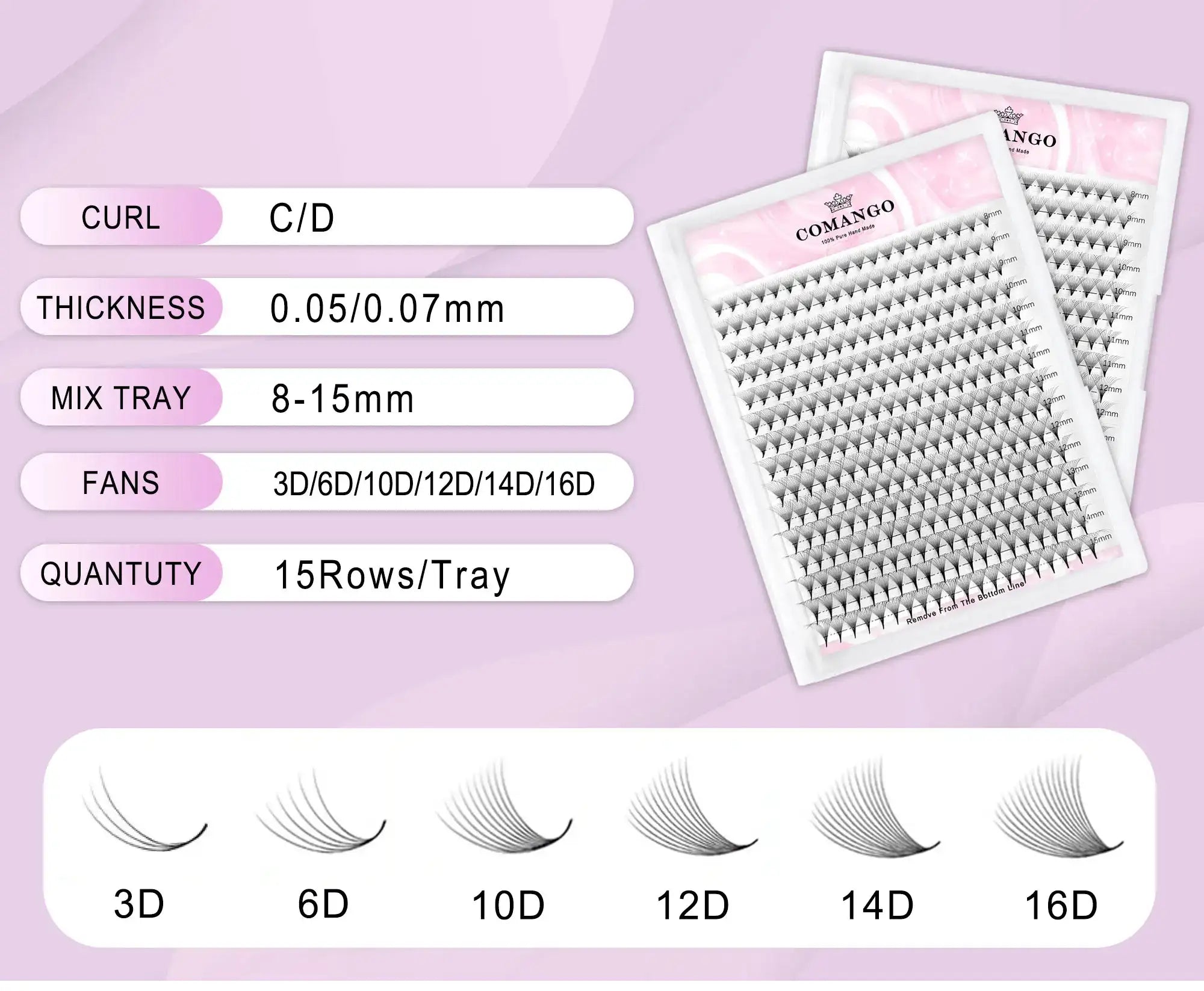 Eyelash extension trays with 15 rows of black fans, ranging from 3D to 16D, in 8-15mm lengths with C/D curl.