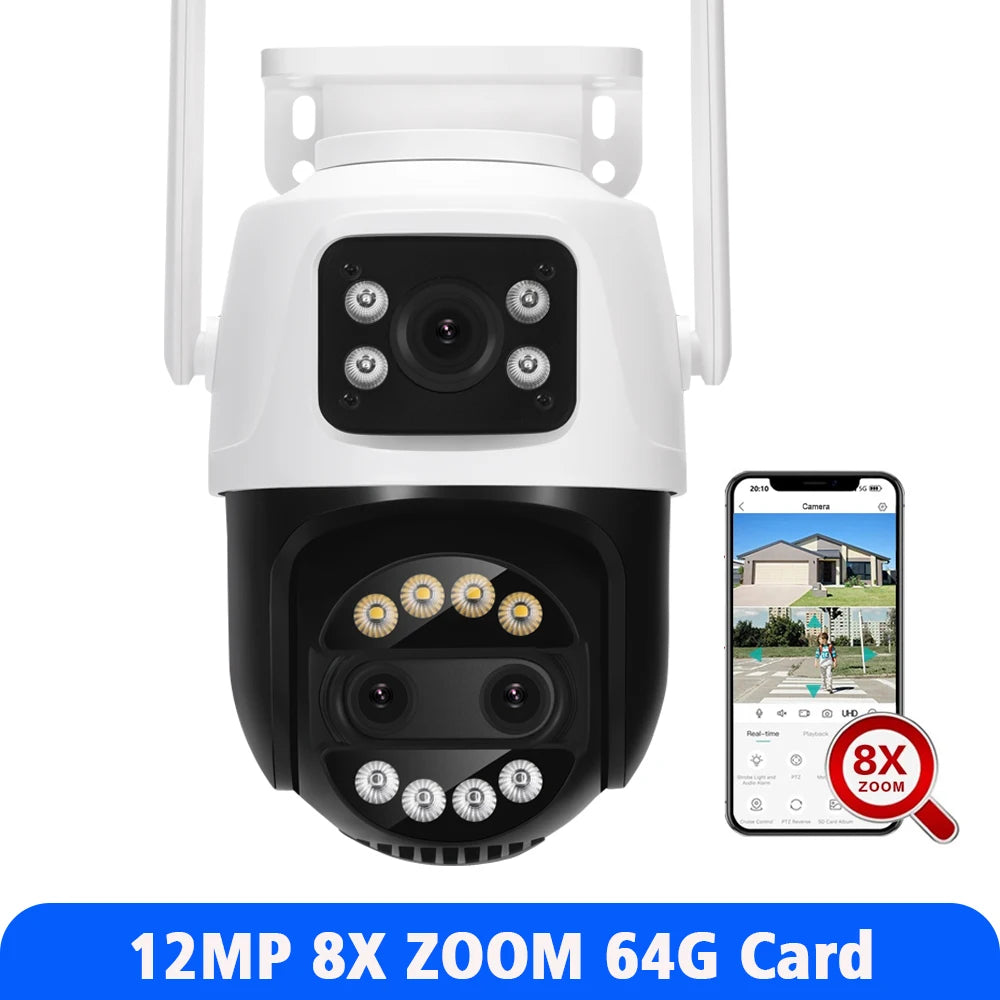 12MP PTZ WiFi IP Camera Dual Lens 2.8mm -12mm 8X Zoom 4K Outdoor AI Human Tracking CCTV Audio Home Security Surveillance Camera
