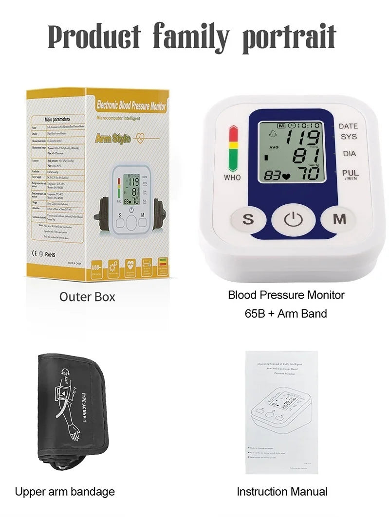 Digital Blood Pressure Meter Medical Voice Arm BP Sphygmomanometer Automatic Tonometer Tensiometer Pulse Heart Rate Health Meter