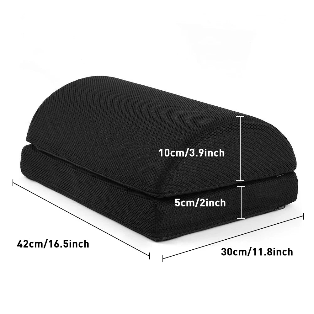Black ergonomic under-desk foot rest with adjustable height, mesh fabric cover, and dimensions for office or gaming.