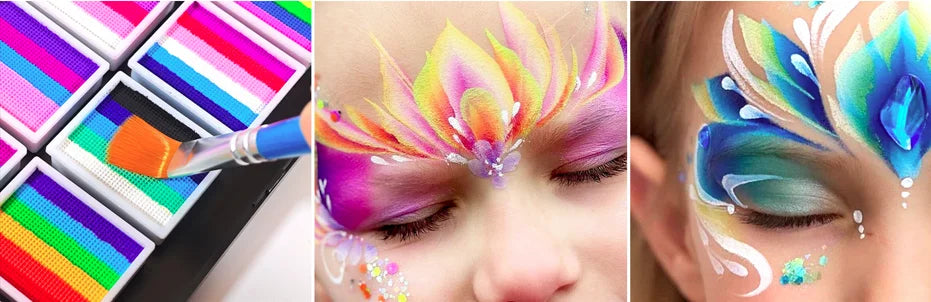 Tidesmit 12 grid face and body paint palette showing water-soluble rainbow makeup shades for Halloween cosplay