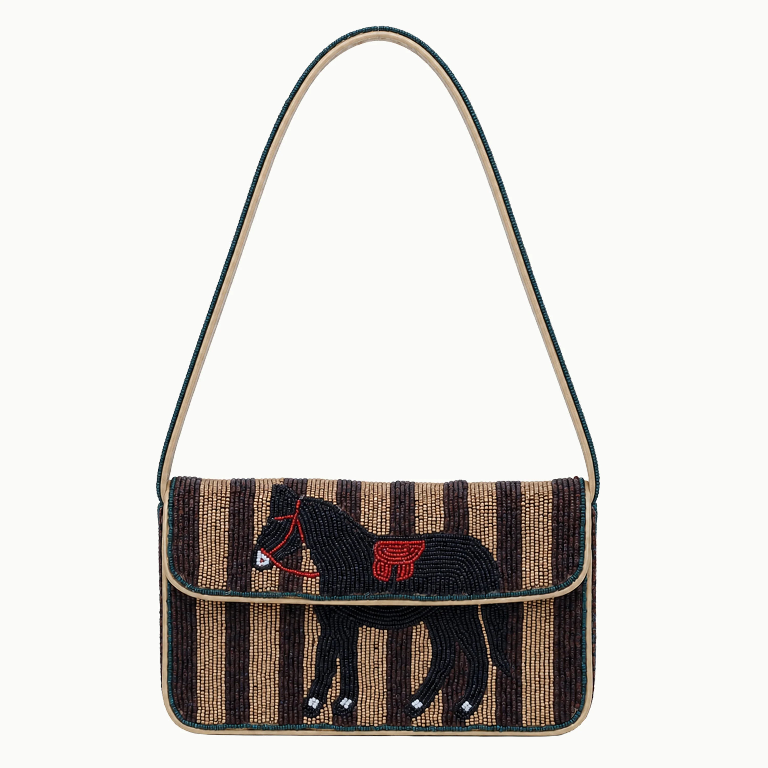 Beaded bohemian shoulder bag with brown striped pattern and black horse design on flap, single strap designer handbag.