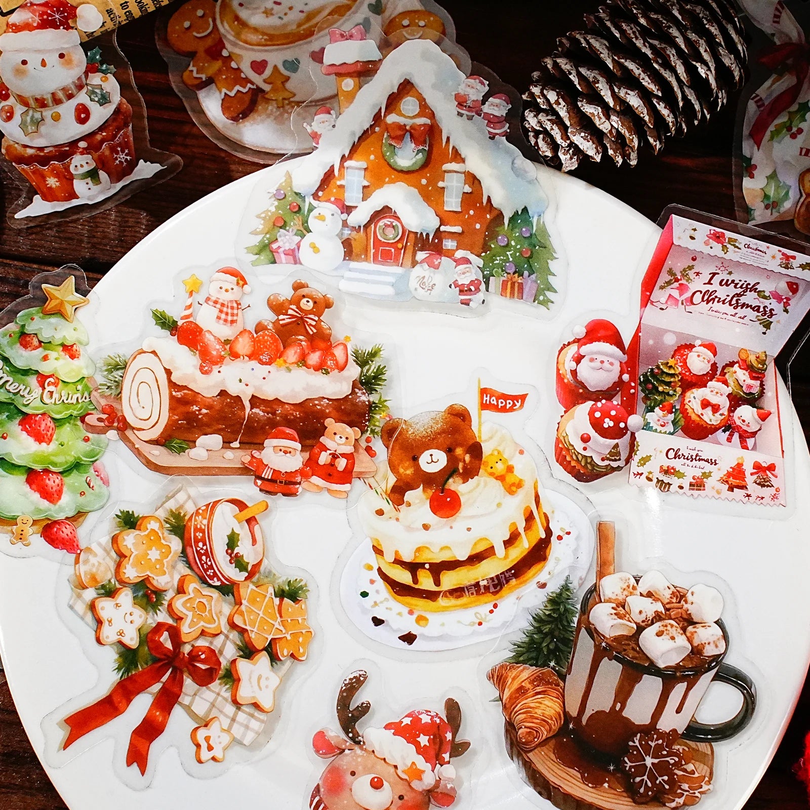 15 Sheets Christmas Theme PET Sticker Pack for Scrapbook DIY Photo Frame Collage Decor, Christmas Gift Decorative Stickers