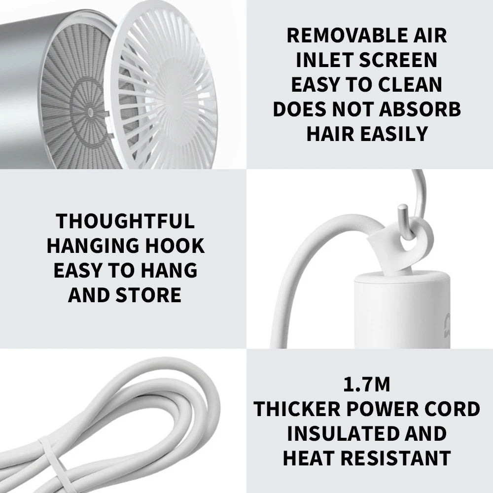 MIJIA H500 ionic hair dryer: silver design features removable air inlet, hanging hook, and 1.7m heat-resistant cord.