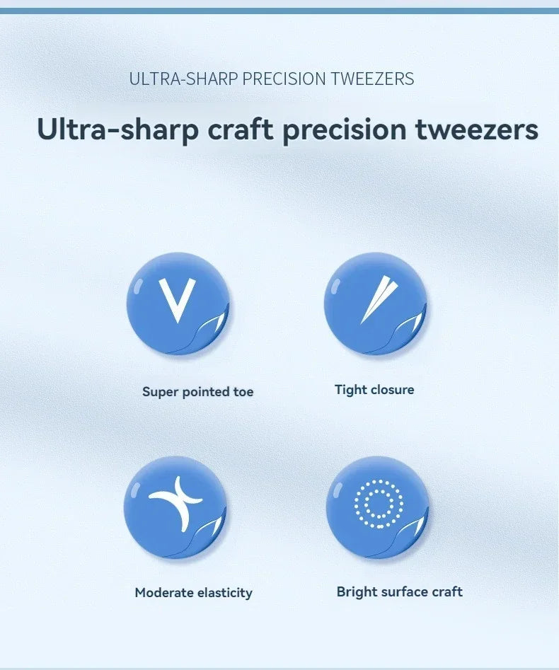 Infographic showing four icons for precision acne tweezers: super pointed toe, tight closure, elasticity, and finish.