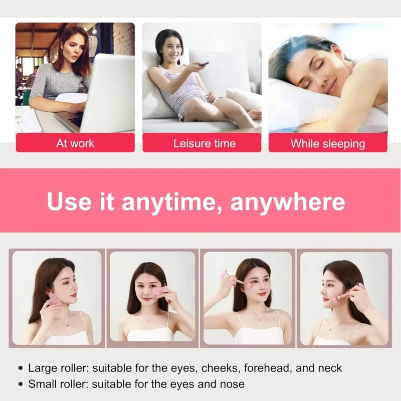 A pink dual-ended facial massage roller being used by a woman on her cheeks, eyes, and forehead.