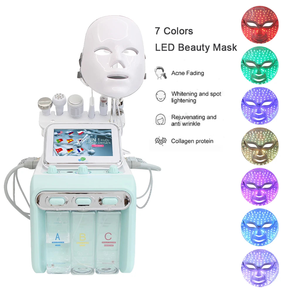 7-in-1 H2O2 hydro-oxygen facial machine with a white LED light therapy mask for professional skin care treatment.