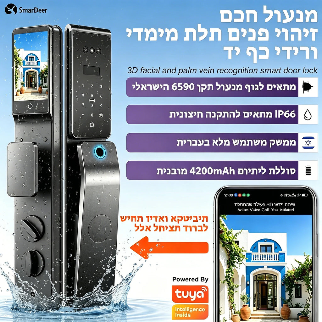 SmarDeer IP66 Waterproof Smart Lock,3D Facial Recognition Fingerprint Door Lock,Tuya Electronic Door Lock for Israel Standard