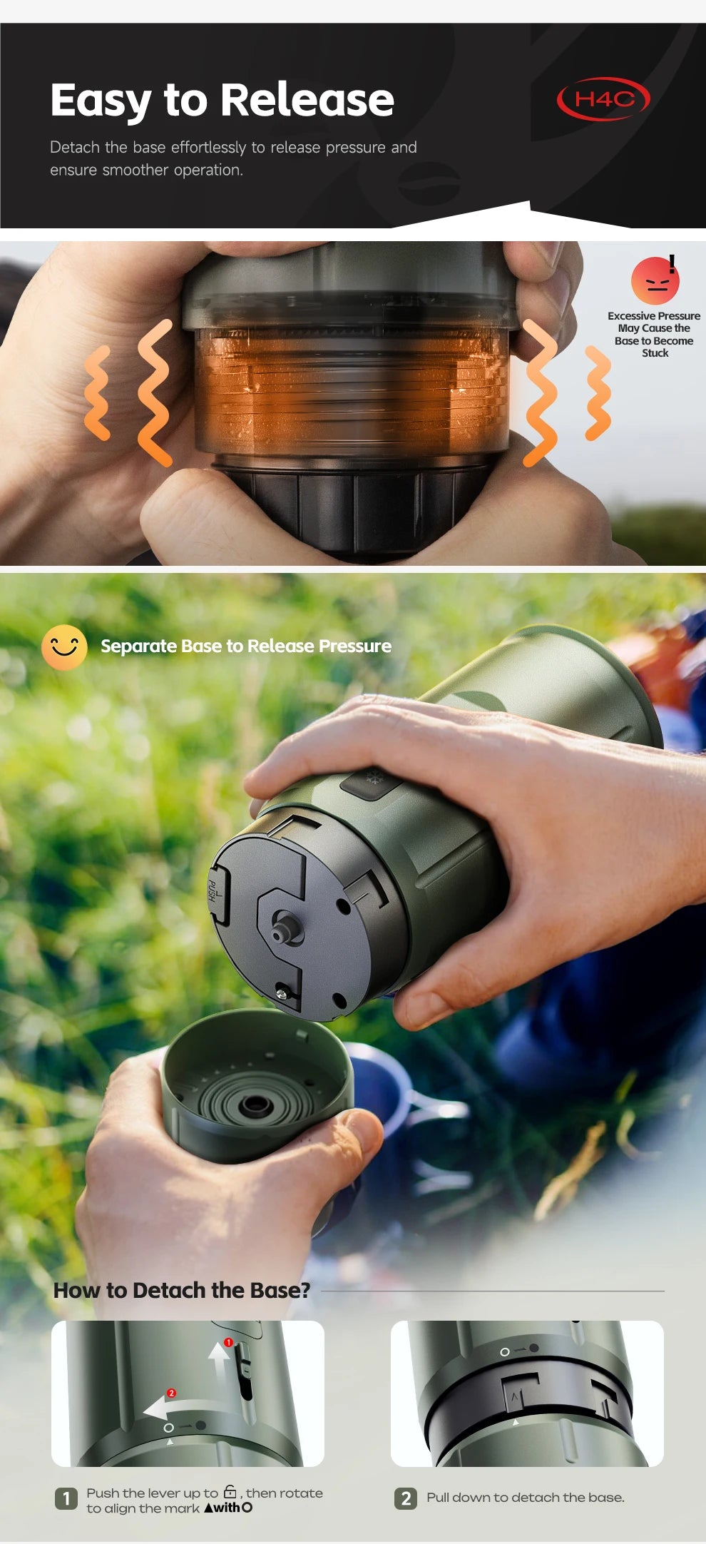 H4C portable olive green coffee maker showing steps to detach the base and release pressure for easier operation.