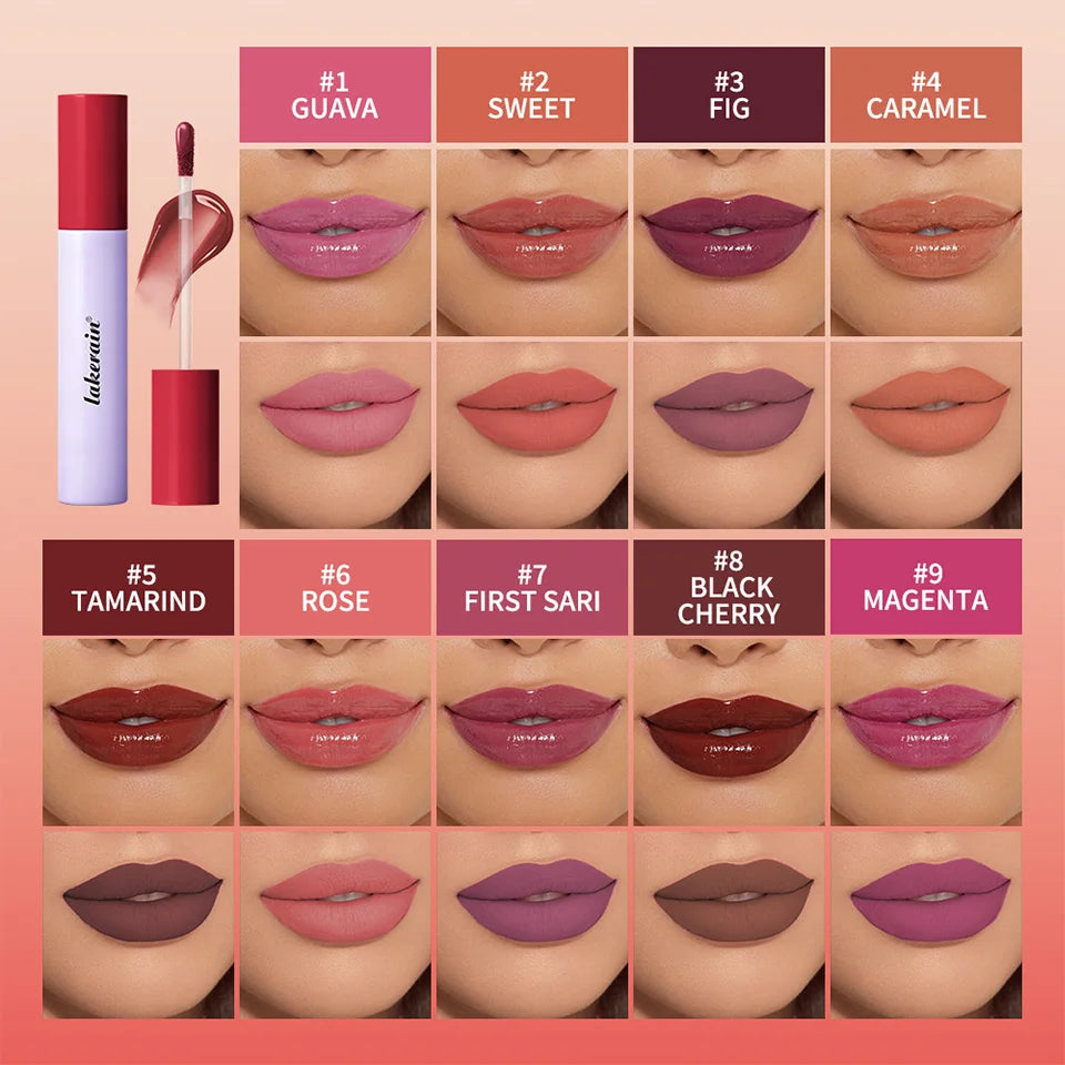 Multi-shade long-lasting lip oil and stain set. Non-sticky, moisturizing formula with glossy and matte lip swatches.
