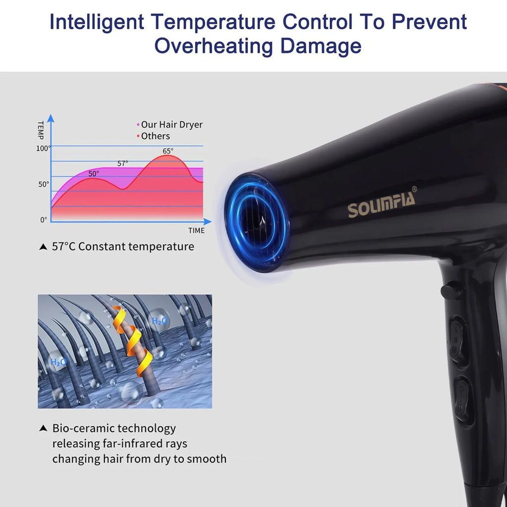 Black professional hair dryer with 57°C constant temp control, bio-ceramic far-infrared tech for smooth, quick drying.