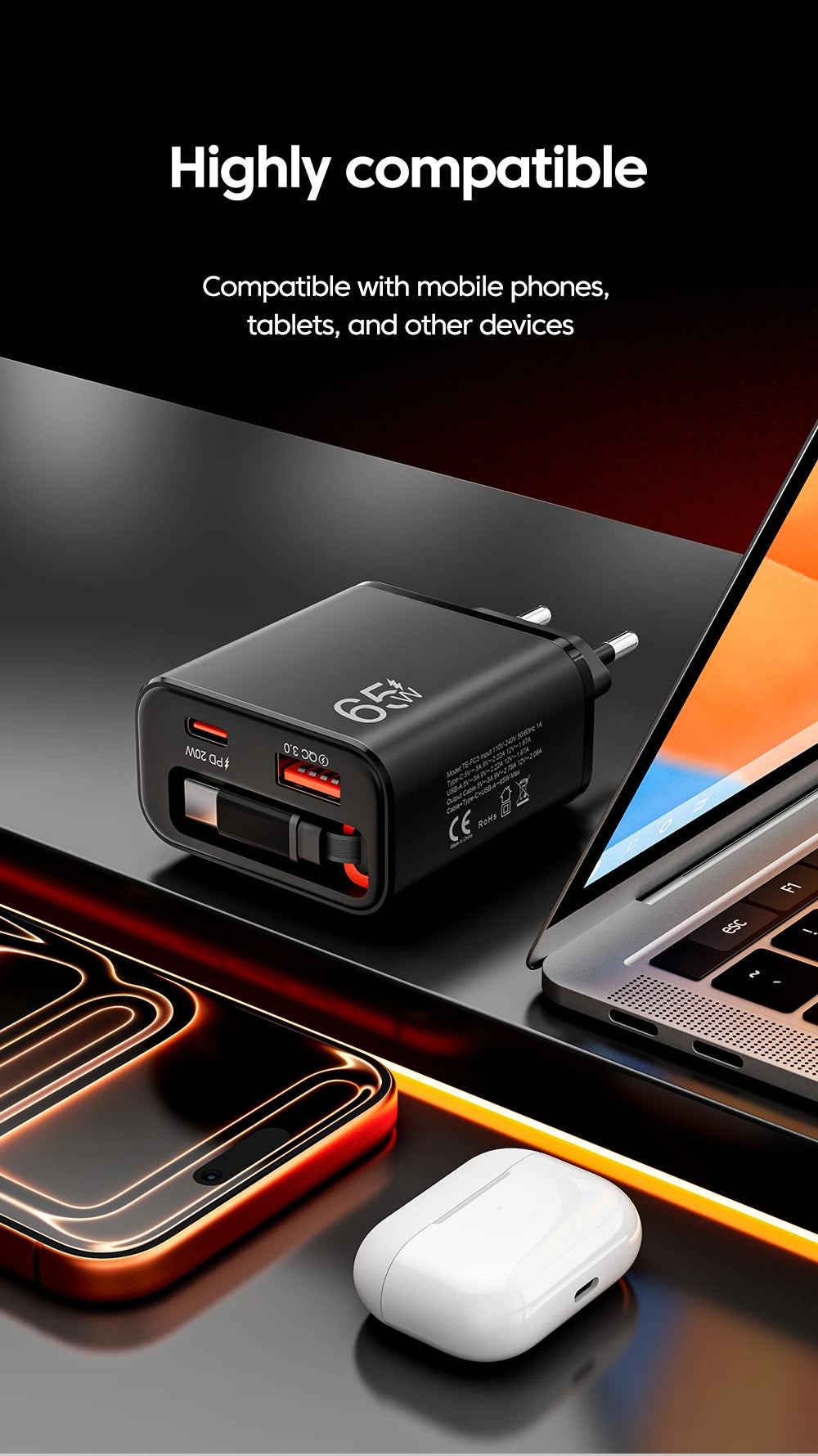 65W USB C Fast Charger with Retractable Cable - Tidesmit Tidesmit