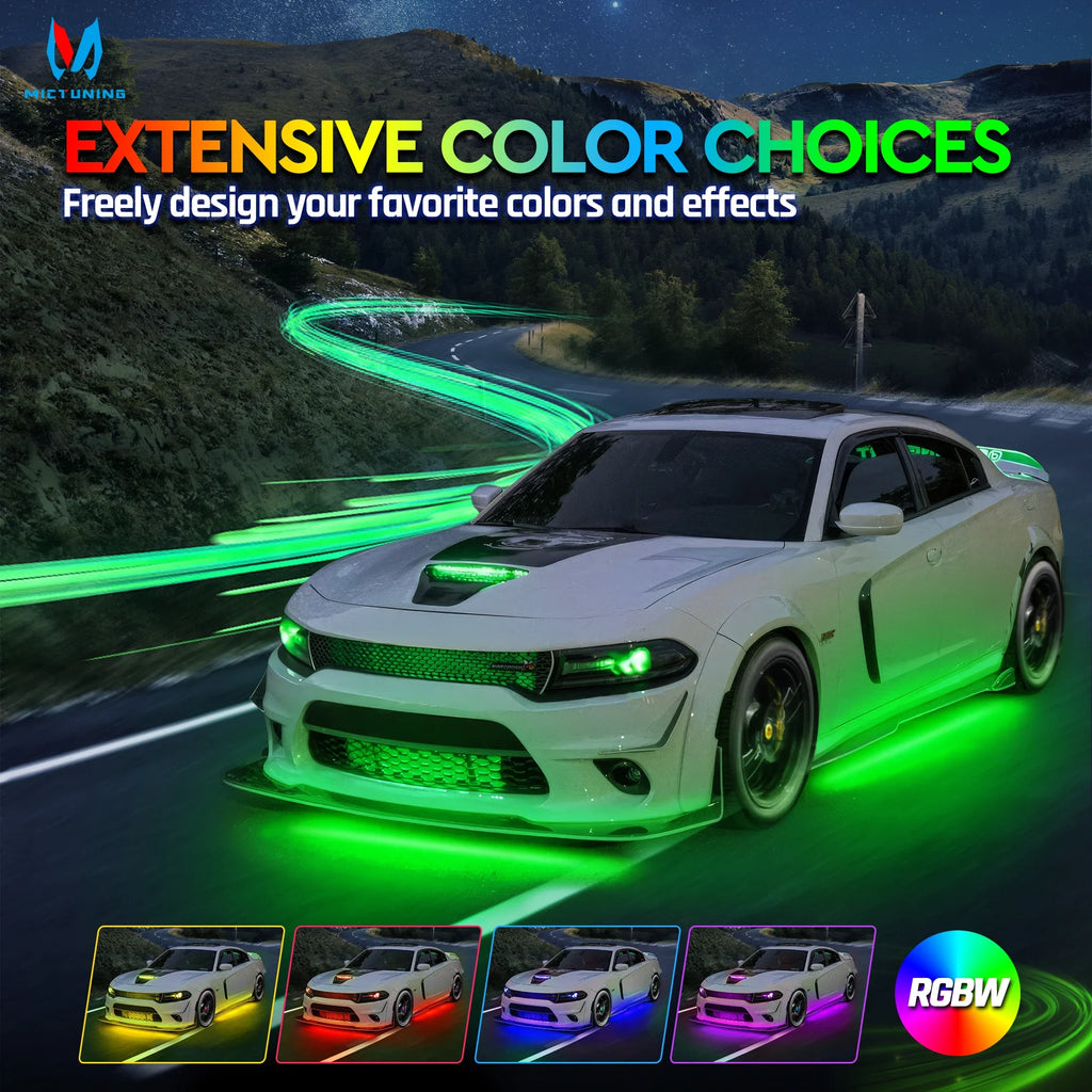 RGBW underglow LED light kit on a white car, featuring flexible strips that cast vibrant green light on the road.