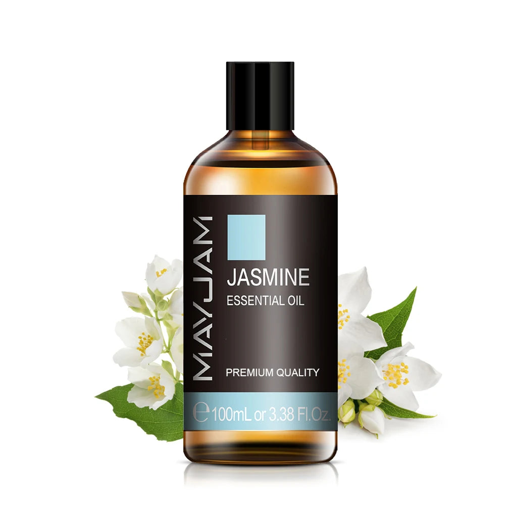 Jasmine essential oil bottle, amber glass with black pump cap, 100ml label