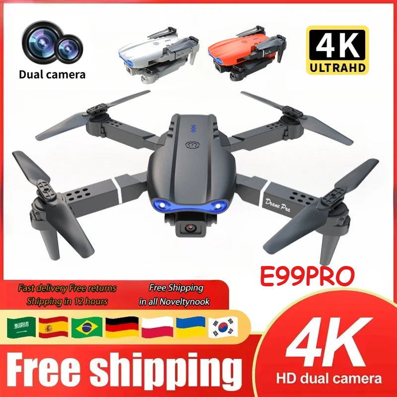 E99 Pro foldable quadcopter drone in black, white, or orange, featuring a 4K dual camera for aerial photography.