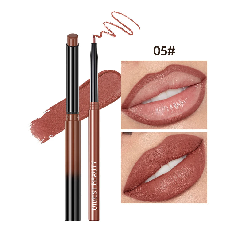 QIBEST 05# brown matte velvet lipstick and lipliner pencil set for precise lip contouring and long-lasting makeup.