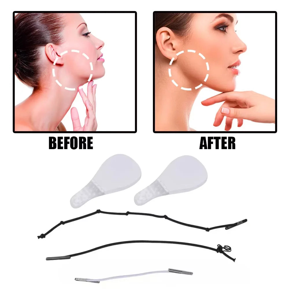 Before and after comparison of a woman using clear adhesive face-lifting tapes and elastic cords to lift facial skin.