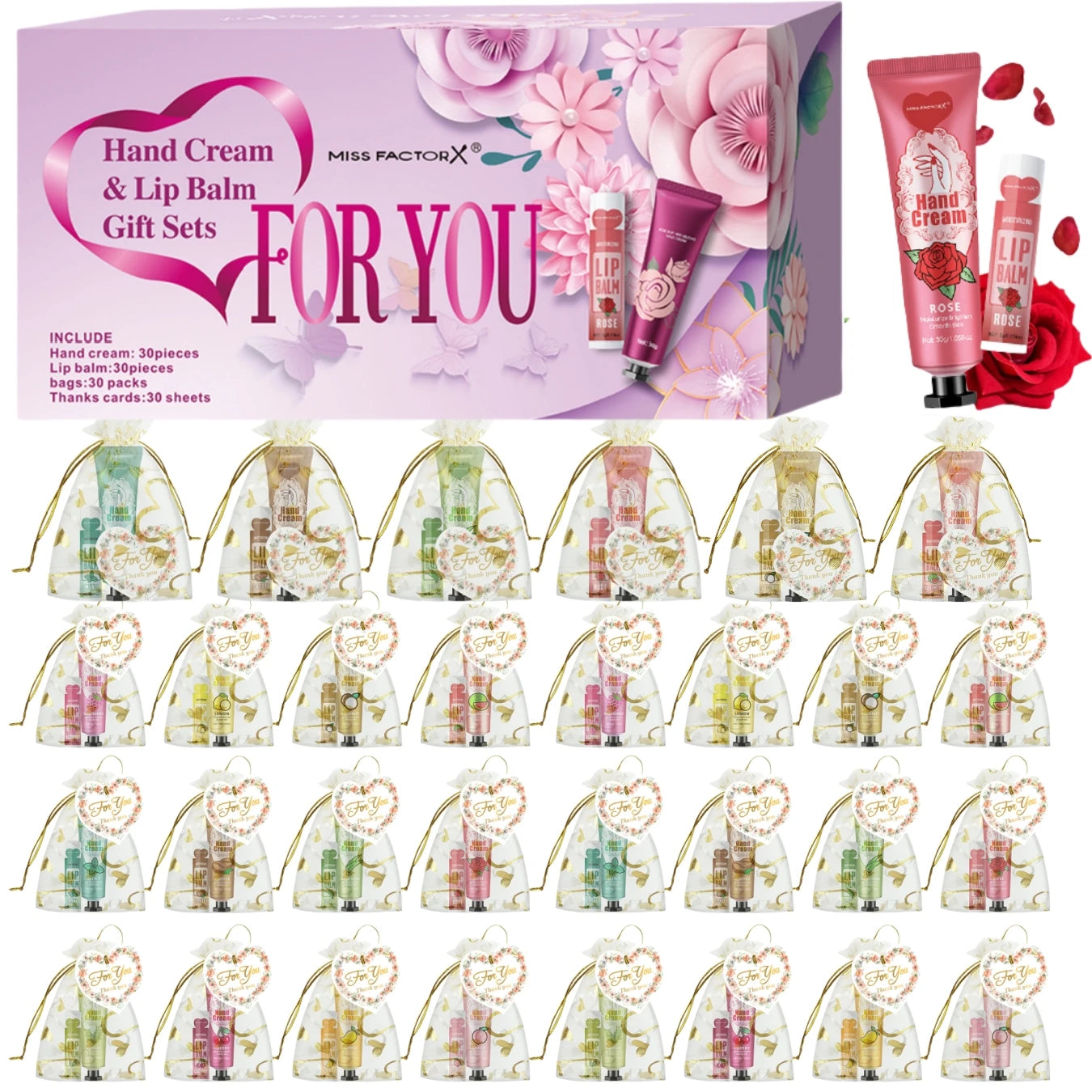Thirty hand cream and lip balm gift sets in sheer drawstring bags with heart-shaped thank you tags.