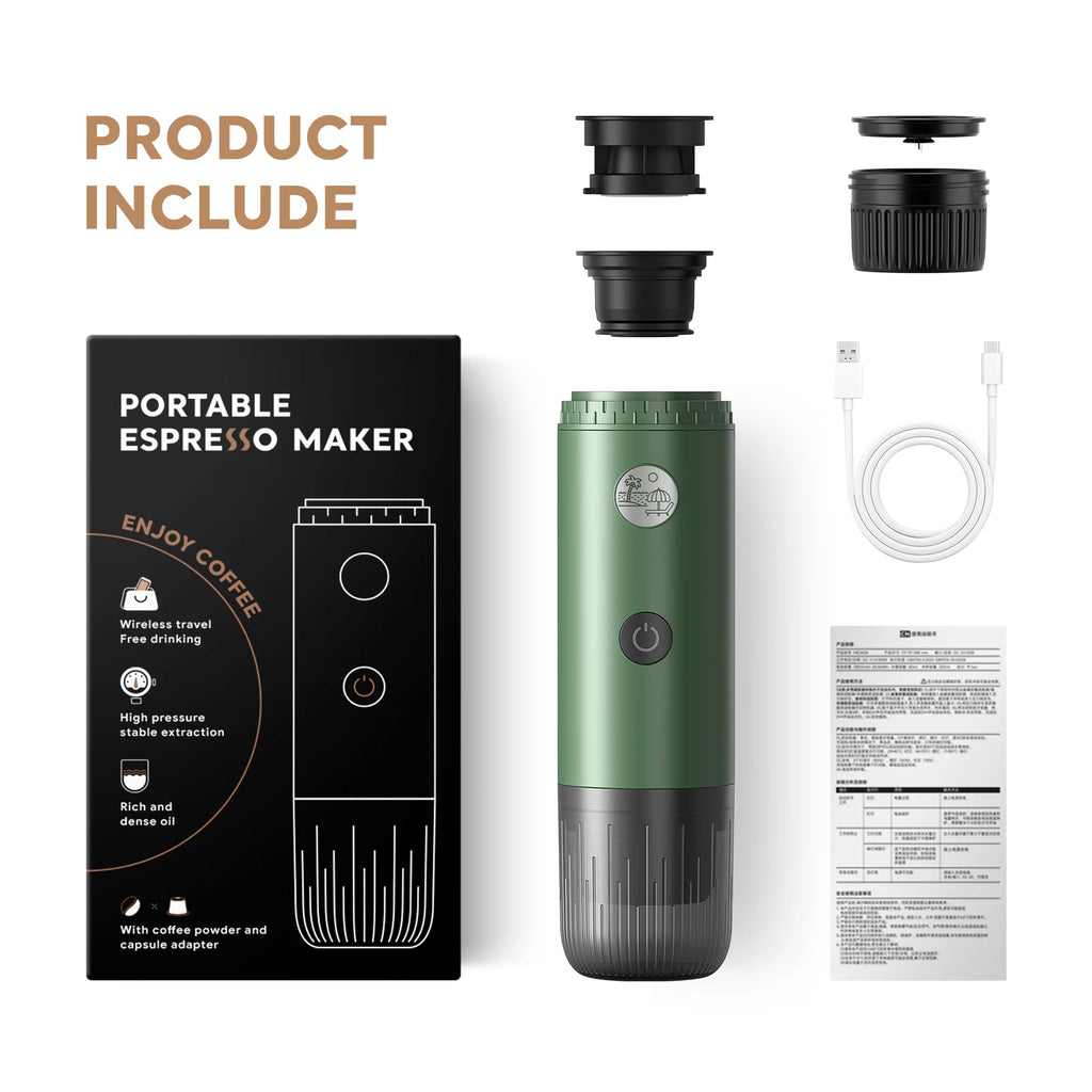 Green portable espresso maker with charging cable, powder/capsule adapters, and box packaging for travel coffee.