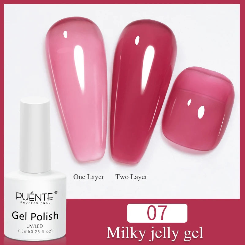 7.5ml milky jelly gel polish in pink. Includes swatches showing one and two layer opacity for nail art.